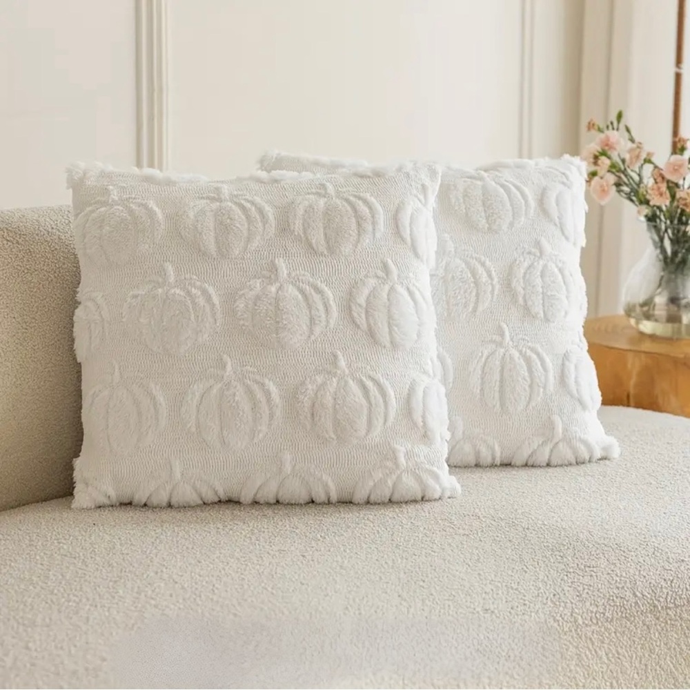 Set of 2 White Pumpkin Tufted Throw Pillow Covers – 18”x18” Fall Neutral Decor